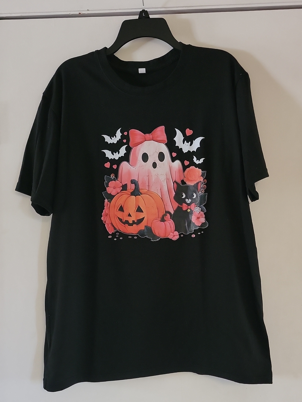 Cute Halloween Ghost & Black Cat Graphic Tee - Black with Pink & Orange